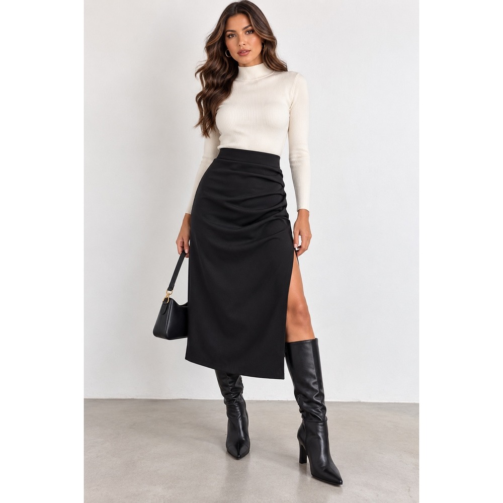 Commense Black Midi Skirt High Waist Slit Sexy Pencil Skirt Party Clubwear L